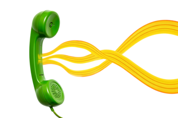 Vibrant Green Glossy Retro Telephone Receiver Emitting Dynamic Orange Sound Waves