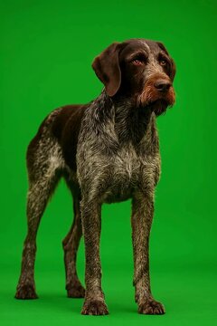 A regal German Wirehaired Pointer, stands proudly in a studio, its alert expression and sturdy posture command attention, green screen background