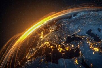 Global Network Connection Over Europe: Technological Advancement, Data Communication, and Worldwide Connectivity in Detailed 3D Render
