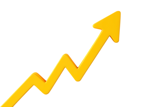 Dynamic Glossy 3D Yellow Zigzag Arrow Pointing Upwards, Symbolizing Growth and Progress