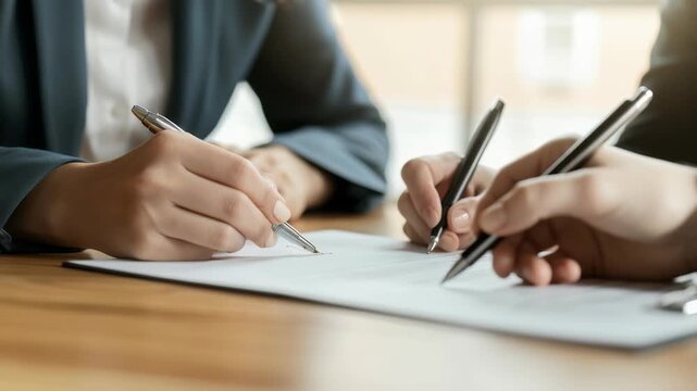 Two people in professional attire are shown signing a document on a wooden desk. The focus is on their hands as they hold pens and write. The setting appears to be a bright office.