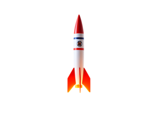 Classic Striped White 3D Rocket with Red Nose Cone and Fiery Engine, Ready for Launch