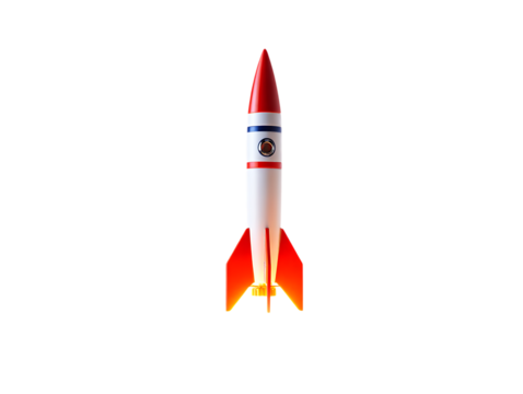 Classic Striped White 3D Rocket with Red Nose Cone and Fiery Engine, Ready for Launch