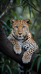 Naklejka premium Leopard resting on a tree branch in lush foliage big Tiger