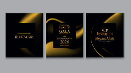  Elegant black and gold luxury invitation card templates with curved accents for VIP events and galas