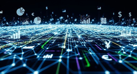 A digital network with financial charts and currency symbols floating in the dark space above it