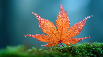 Autumn Maple Leaf with Water Droplets on Moss, Capturing Seasonal Beauty and Tranquility