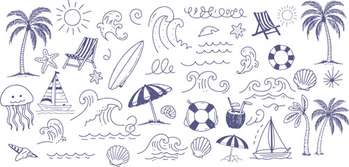 Obraz premium Hand-Drawn Summer Beach Doodle Vector Set – Tropical Sea, Surfboards, Palm Trees, Waves, and Sun Illustrations for T-Shirts, Posters, Stickers & Coastal Prints