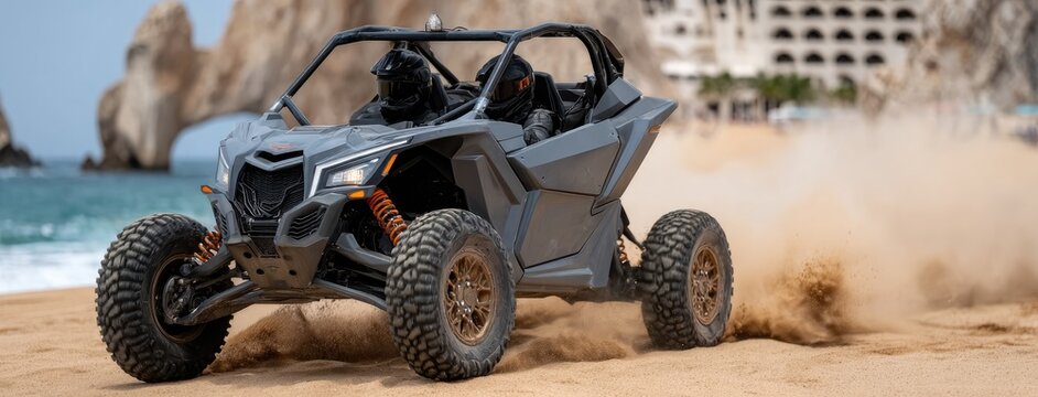 An off-road vehicle navigates a stunning coastline, surrounded by cliffs and blue waters, capturing the thrill of adventure