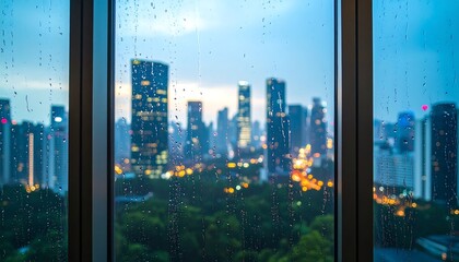 Fototapeta premium Cityscape rain drops window view