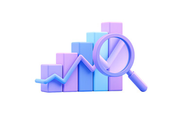 Pastel 3D Bar Chart with an Ascending Line Graph and a Transparent Magnifying Glass for Data Analysis