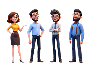 Diverse Group of Four Expressive 3D Cartoon Business People Posing on a Black Background