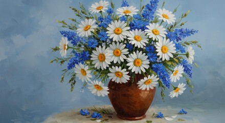 Daisy and Blue Flower Arrangement in Vase oil painting