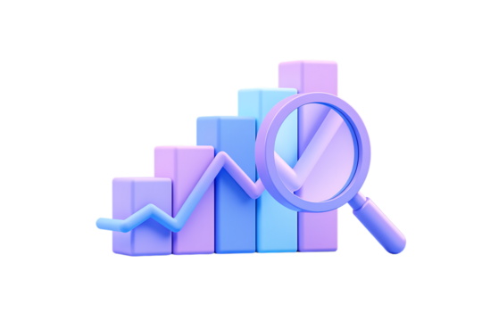 Pastel 3D Bar Chart with an Ascending Line Graph and a Transparent Magnifying Glass for Data Analysis