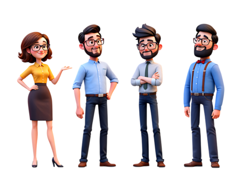 Diverse Group of Four Expressive 3D Cartoon Business People Posing on a Black Background