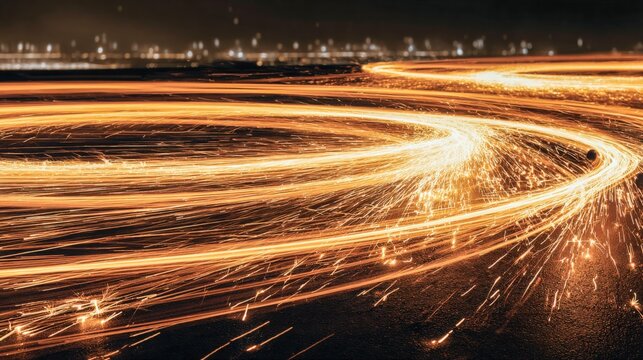 Long Exposure Sparks of Light Painting Photography with Golden Trails and Circular Motion Effects