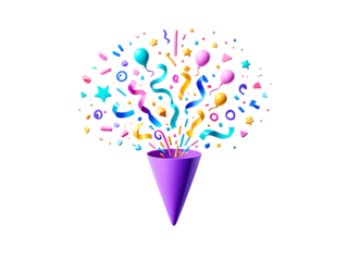Joyful 3D Purple Party Cone Exploding with a Vibrant Assortment of Colorful Confetti and Balloons.