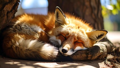 Sleepy red fox under a tree (1)