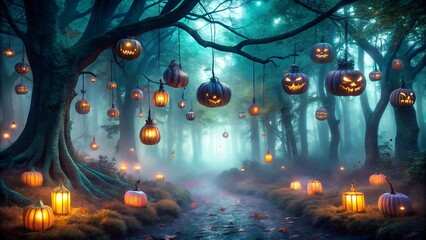 Obraz premium Dark Enchanted Forest with Purple and Teal Mist