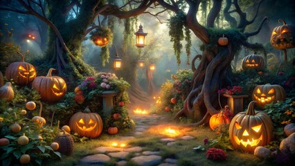 Fototapeta premium Dark Enchanted Garden with Twisted Vines and Glowing Flowers
