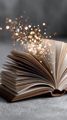An open book emits magical sparkles, illustrating the power of imagination and creativity against a dark background