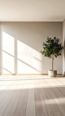 Minimalist beige room with plant
