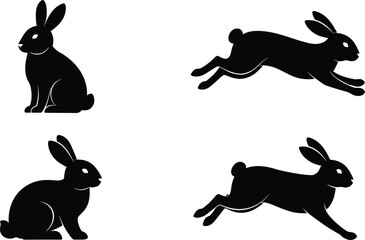 Rabbit silhouette collection, sitting and running bunnies, black vector illustration, pet hare outline, wildlife clipart, animal graphic design, leaping rabbit art
