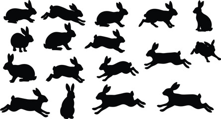 Black rabbit silhouettes set, running bunny poses, sitting hare shapes, pet outline vector, Easter design, wildlife illustration, jumping animal clipart collection
