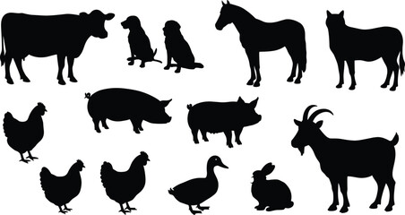 Farm animal silhouettes set, cow, goat, horse, pig, chicken, duck, rabbit, dog, cat, vector clipart, livestock outline illustration