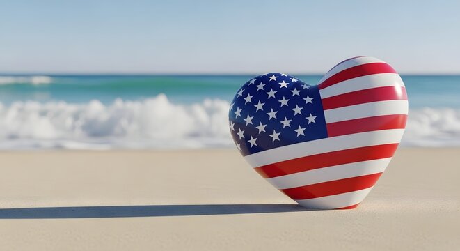 Heart shaped american flag on a sandy beach with ocean waves