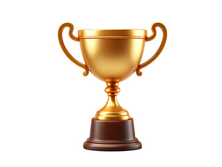 Gleaming golden 3D trophy cup with classic ornate handles standing proudly on a polished dark brown base, signifying victory.