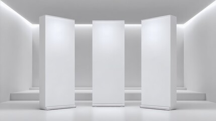 Three Blank Roll-Up Banners Displayed in a Modern White Interior, Ideal for Advertising and Marketing