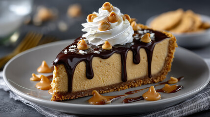 Slice of no bake peanut butter pie on a dessert plate with chocolate drizzle, peanut butter chips, and dollop of whipped cream, garnished beautifully