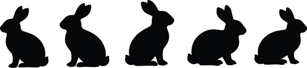 Rabbit silhouette row, black bunny shapes, sitting hare outline, pet rabbit vector, animal shadow design, wildlife illustration, simple bunny graphic art © Zahid Creatives
