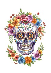 Naklejka premium Sugar Skull Floral Wreath Design - Colorful sugar skull adorned with a vibrant floral wreath, perfect for Day of the Dead or Mexican holiday themes