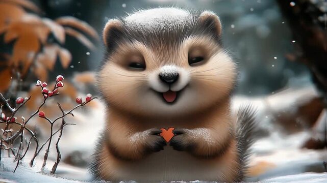 Adorable animated gopher holding a heart in a snowy winter forest scene
