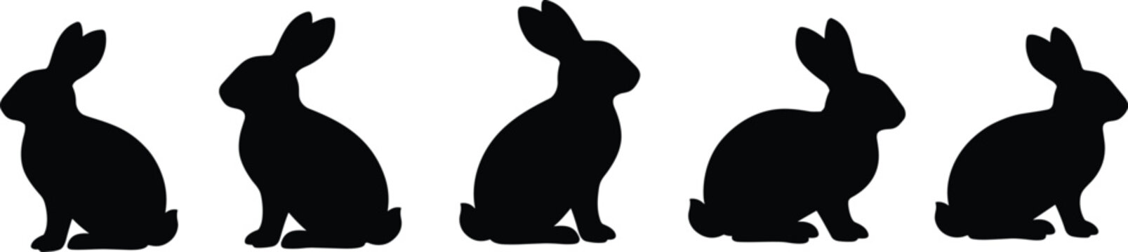 Rabbit silhouette row, black bunny shapes, sitting hare outline, pet rabbit vector, animal shadow design, wildlife illustration, simple bunny graphic art