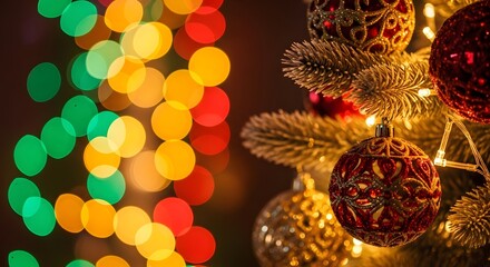 Obraz premium Close up of christmas ornaments and lights creating a festive holiday atmosphere