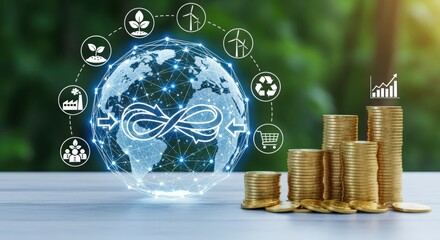 Sustainable Global Economy: Circular Economy Model for Environmental and Financial Growth, Featuring World Map and Coins
