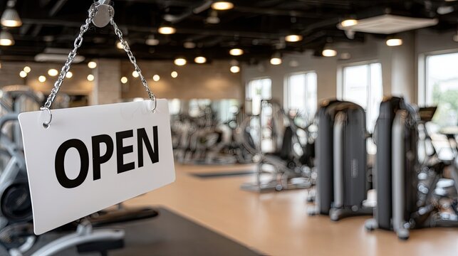 An inviting open sign hangs at a gym entrance, softly lit to create a warm atmosphere for visitors and fitness enthusiasts