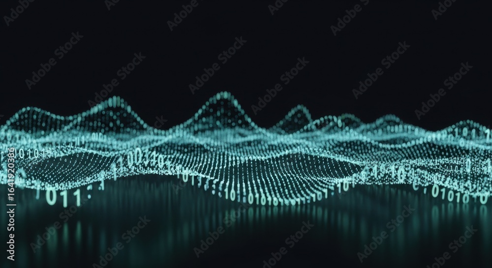 Wall mural blue glowing binary code on a dark background showing data flow. digital wave information for abstra