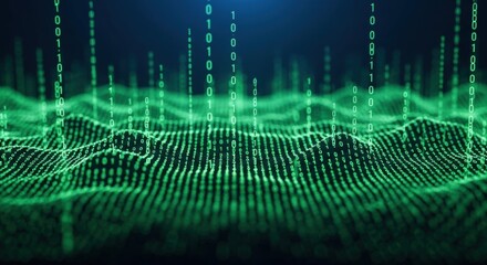 Green binary code forms a wavy abstract grid. Digital data flow background for technology and computer science concepts.