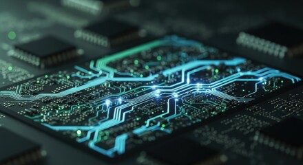 Close up of a circuit board with glowing blue and green lines representing data flow. Digital technology and innovation.