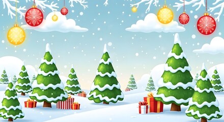 Snowy christmas landscape with decorated trees, gifts, and festive ornaments