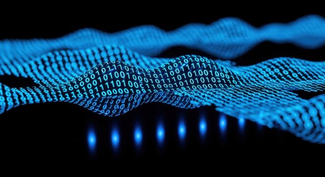 Abstract wavy grid of glowing blue binary code, representing big data flow visualization and technological communication - Powered by Adobe