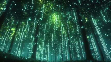 A mystical forest illuminated with glowing green lights and digital code cascading down the trees at night