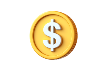 Bright 3D golden dollar coin with a crisp white currency symbol on a sleek black background