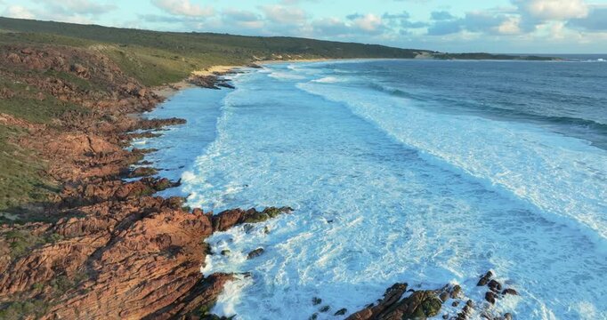 4k Aerial views of rugged rocky coastline in South West Australia at sunset