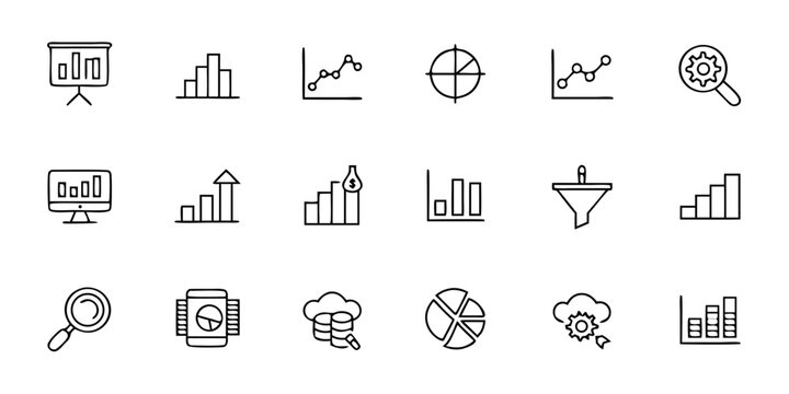 Business Analytics Outline Icon Set &mdash; Charts, Graphs, and KPI Tracking Vector Illustrations for Corporate, Finance, and Technology Design