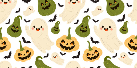 Seamless Halloween pattern with cute ghosts carved pumpkins, spooky green gourds, and flying bats — festive autumn vector background perfect for Halloween wrapping paper, seasonal textile prints.